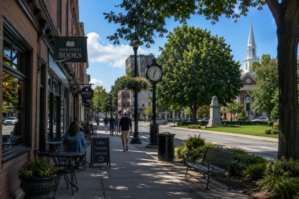 A realistic small-town community street with people walking, local shops, trees, and a welcoming neighborhood atmosphere