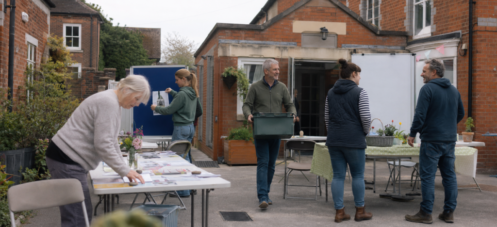 A realistic community event scene with people gathering near local stalls, trees, and a calm neighborhood street
